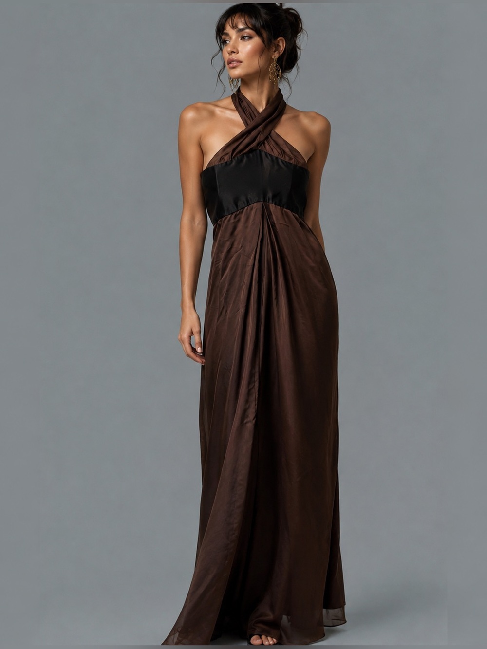 Vintage KENZO Defile Runway 100% Silk Halter Maxi Dress Brown Black Colorblock 8 - Picture 1 of 8